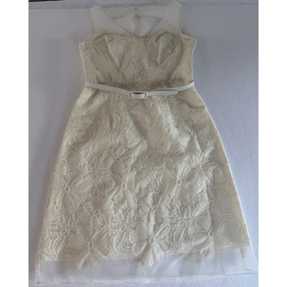 Maggy London Ivory Floral Lace Illusion Neckline Belted Cocktail Dress Size 6